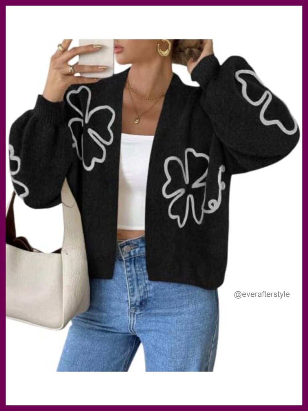 PRETTYGARDEN Floral Oversized Cardigan Sweater Balloon Sleeve Fall Layering